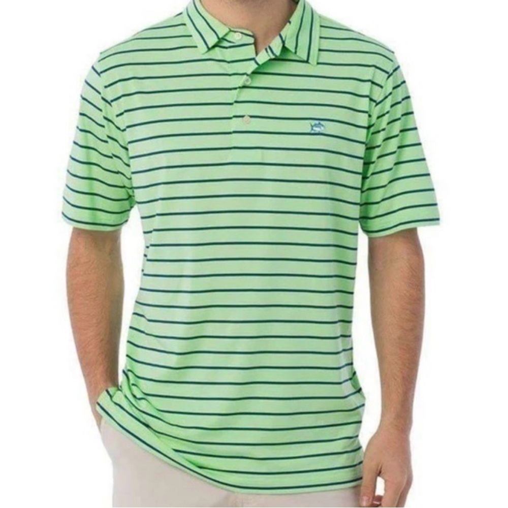 Southern Tide Driver Striped Mens Performance Polo | Green Striped in Large